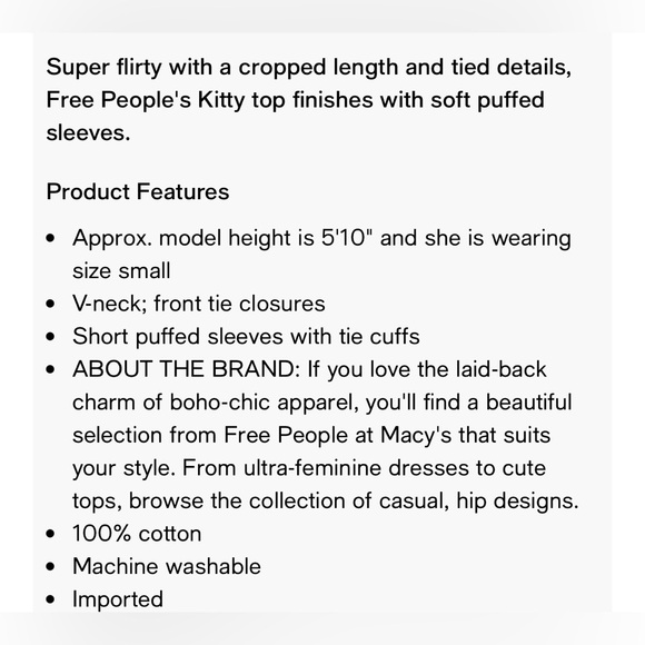 NWT Free People Kitty Tee|Puff Sleeve Tie-Front Tee - Picture 3 of 5